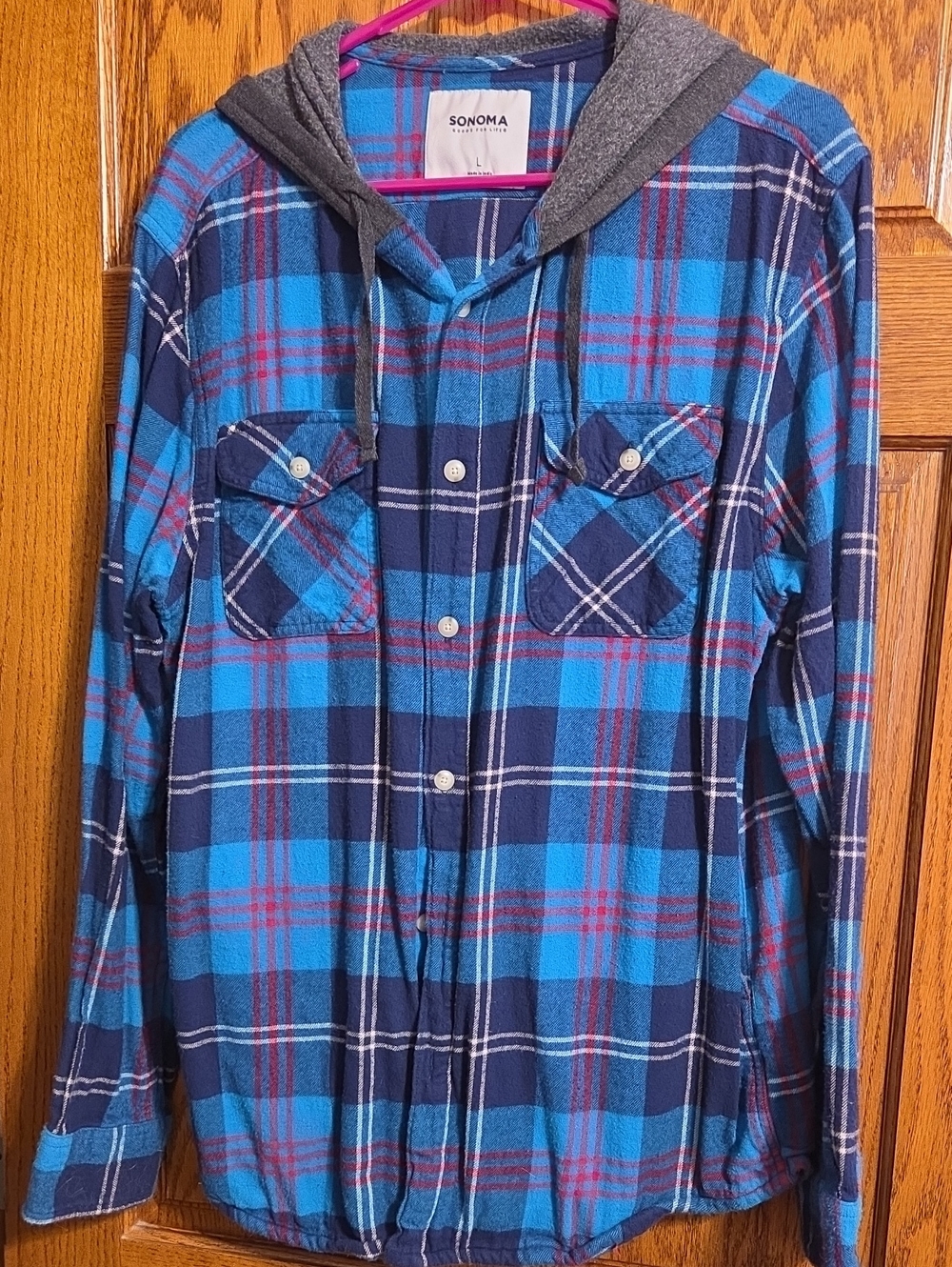SONOMA Blue and Navy Plaid Hooded Button-Down Shirt